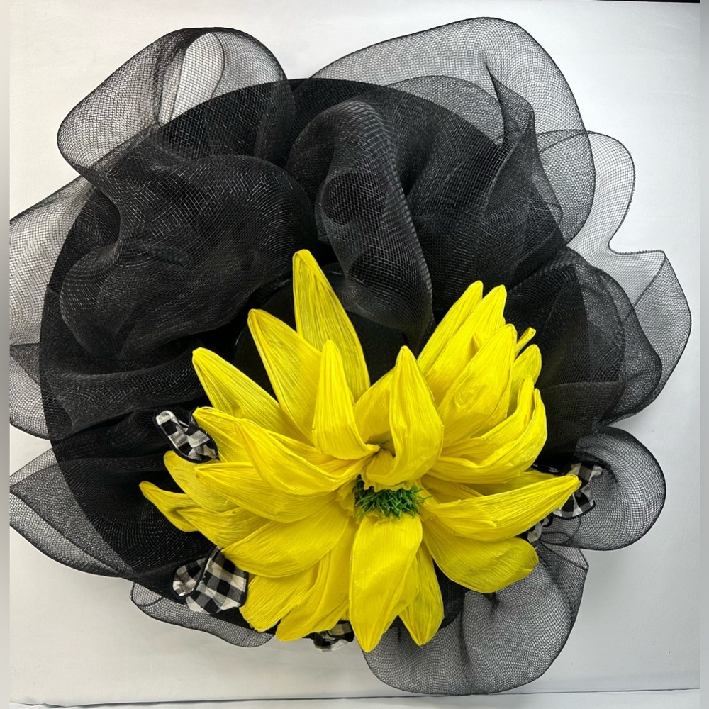 Derby Hat Wide Brim Black White Gingham Yellow Flower Custom Made